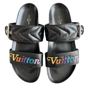 Black Louis Vuitton Slide Sandals with Multicolor Logo